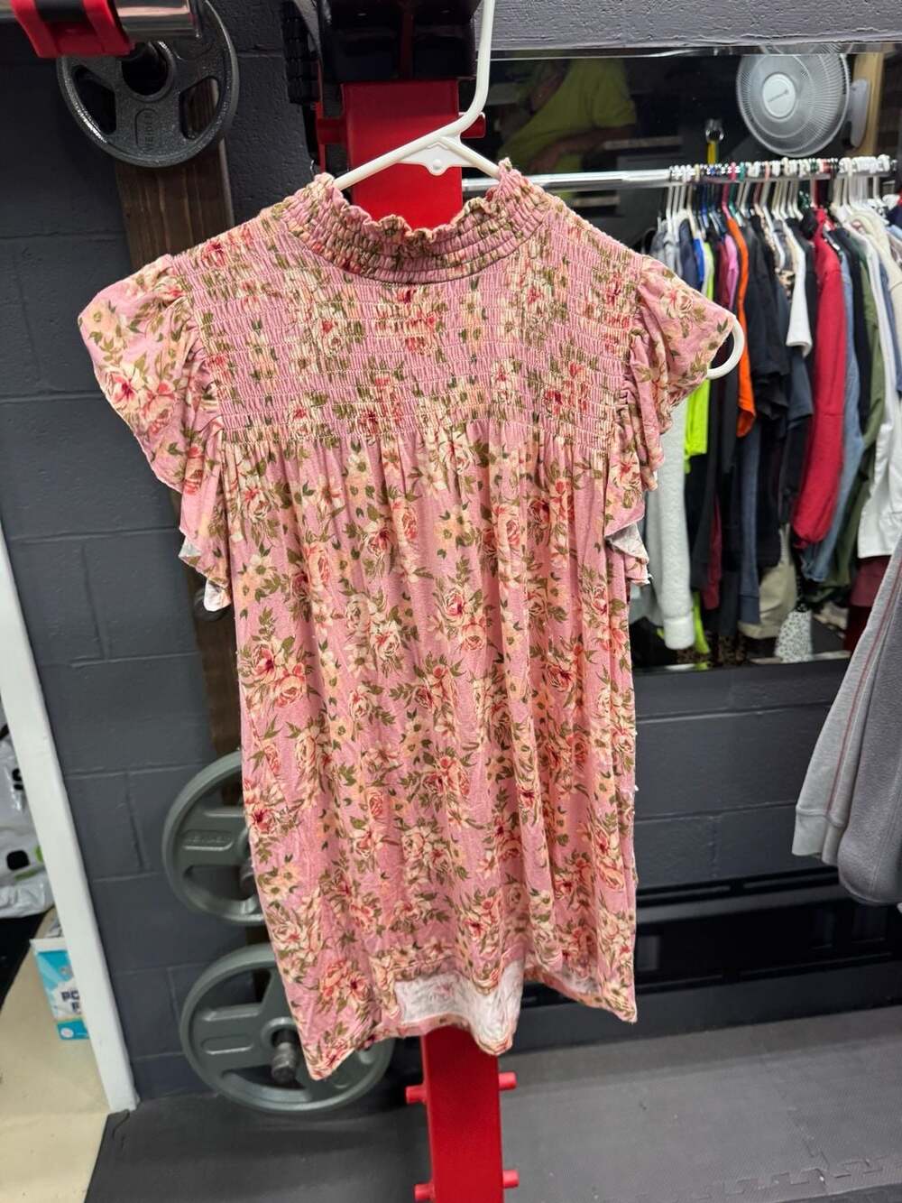 Full Circle Trends Pink Floral Smocked Mock Neck Flutter Sleeve Blouse